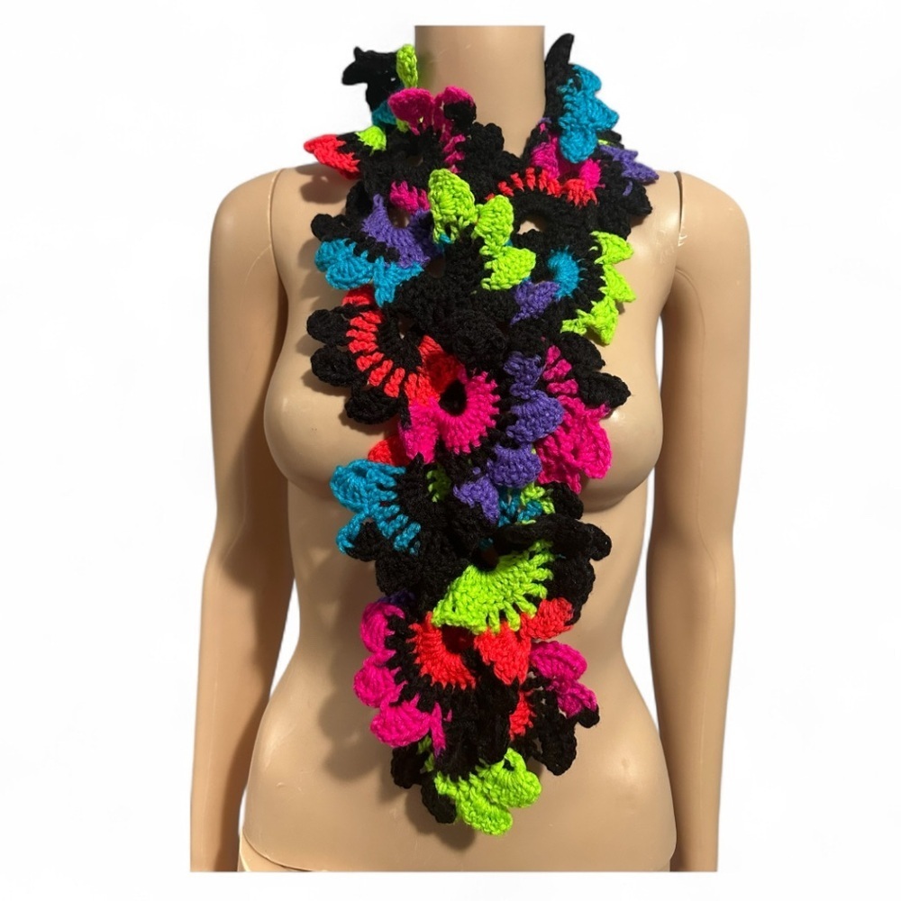 Handmade Colorful Crochet Floral Scarf 42” length